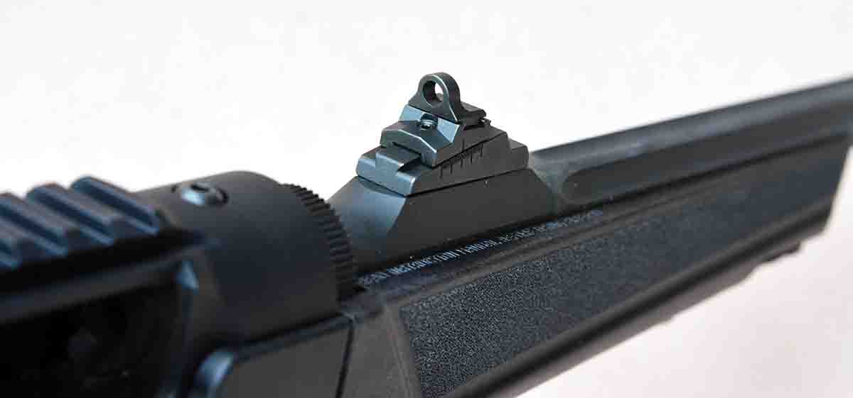 The PC Carbine features a barrel-mounted aperture or ghost ring rear sight that is fully adjustable.